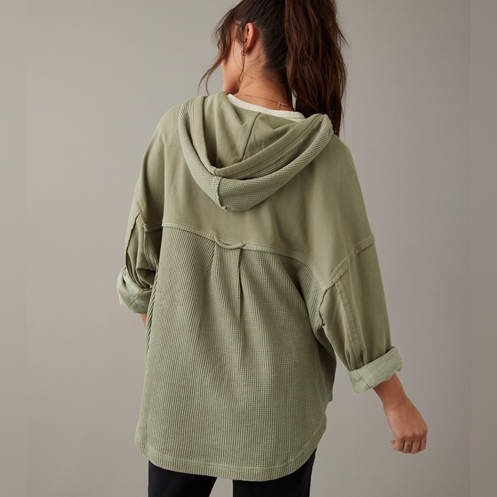 🫒American Eagle Waffle Knit Shacket Button Down Hoodie Oversized Green XS - Picture 5 of 12